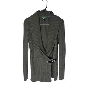 Lauren Ralph Lauren Women's Green Cable Knit Cardigan Sweater Buckle L